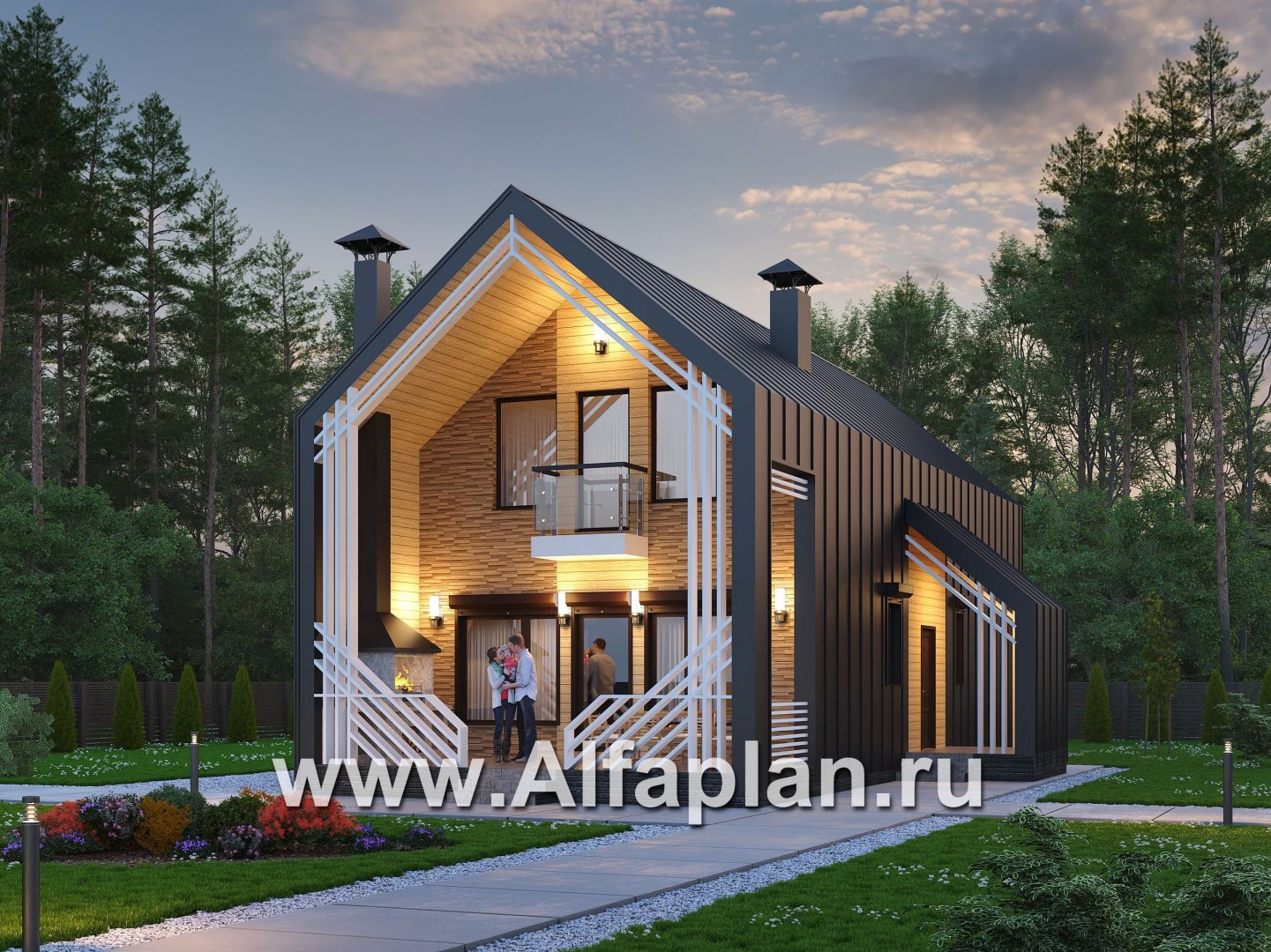Проекты домов Альфаплан - «Омега» - проект двухэтажного каркасного коттеджа, с террасой, план дома с 5-ю спальнями - основное изображение