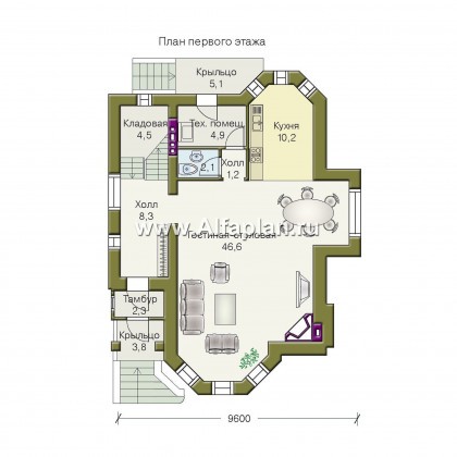 «Фортуна» - проект двухэтажного дома из газобетона, с эркером, для узкого участка - превью план дома