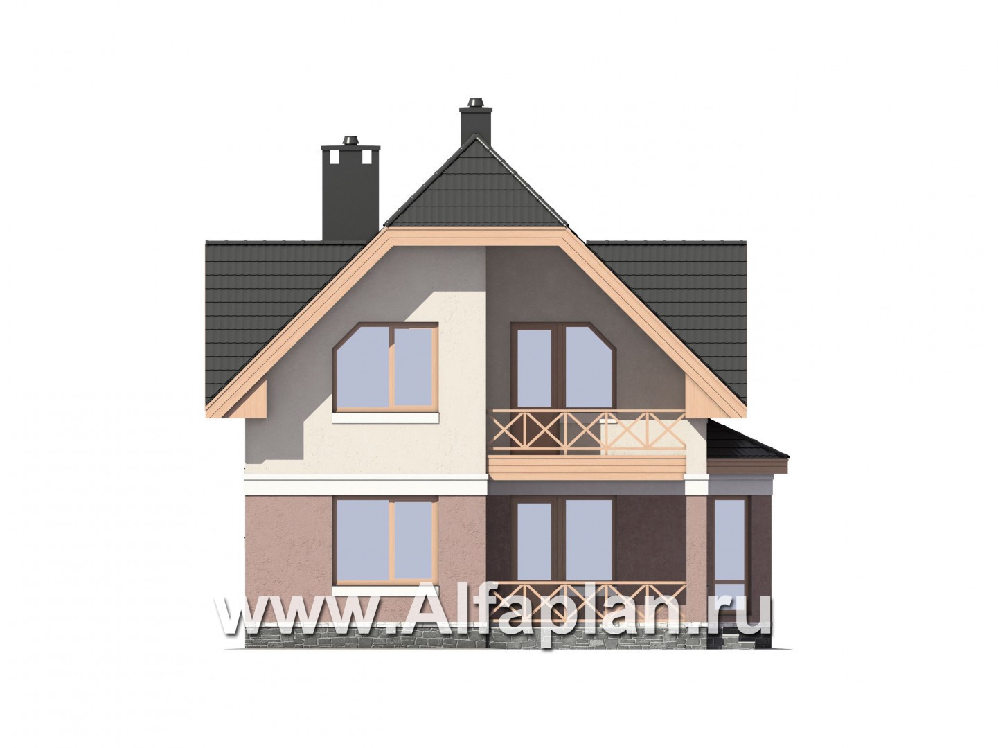 Проект дома с мансардой, планировка с террасой и кабинетом на 1 эт, с эркером - фасад дома