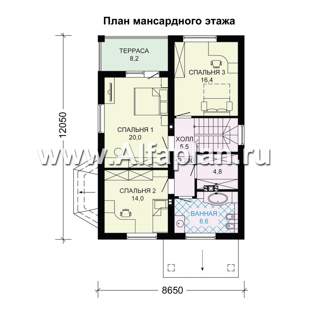 Проект дома с мансардой, планировка с террасой и кабинетом на 1 эт, с эркером - план дома