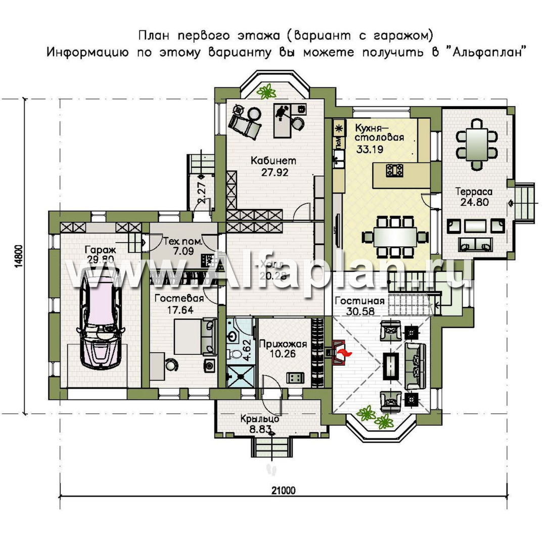 «Петергоф» - проект двухэтажного дома, планировка с эркером в двусветной гостиной, с террасой - план дома