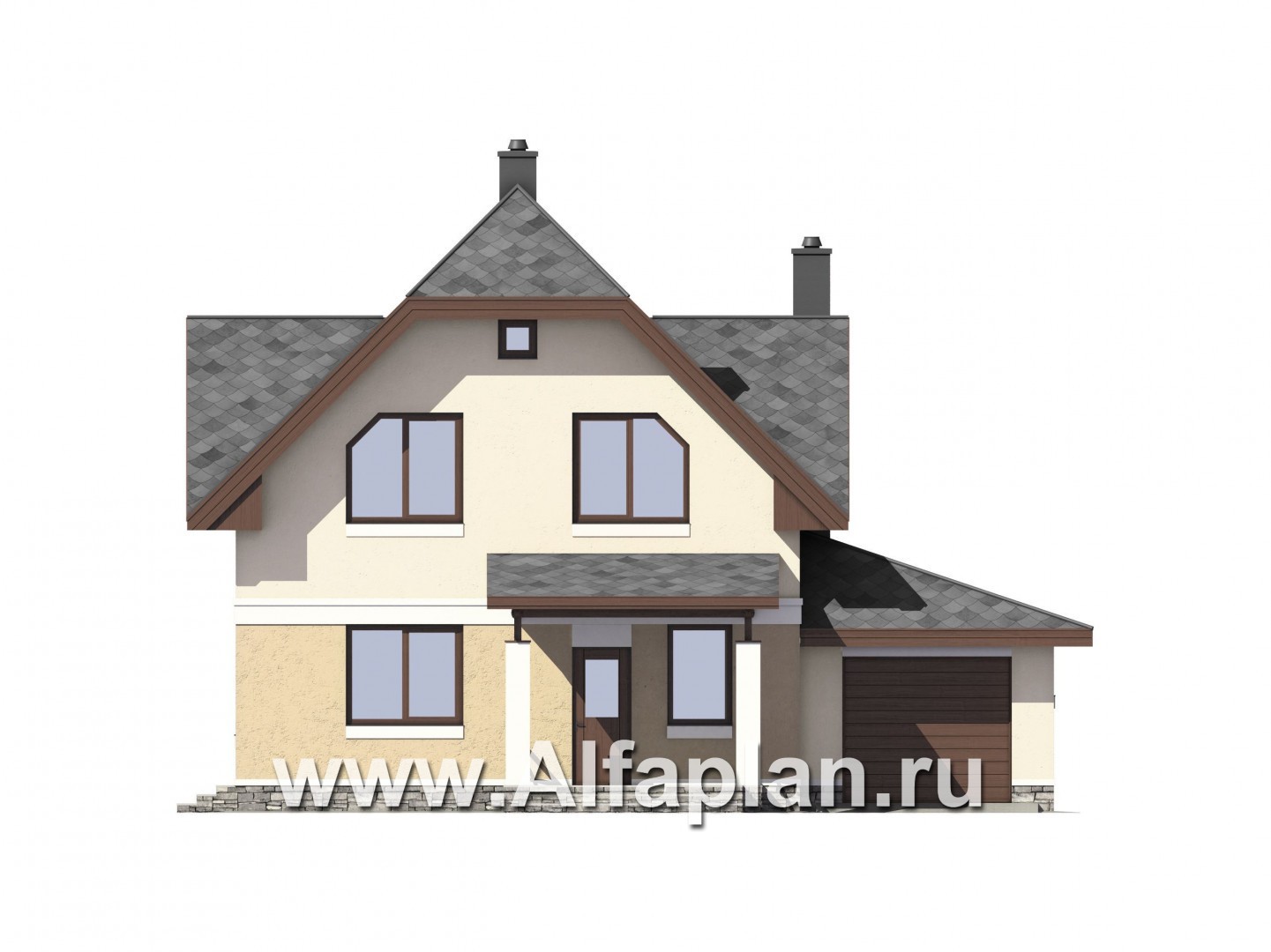 Проект дома с мансардой, планировка с террасой и кабинетом на 1 эт, с гаражом на 1 авто - фасад дома