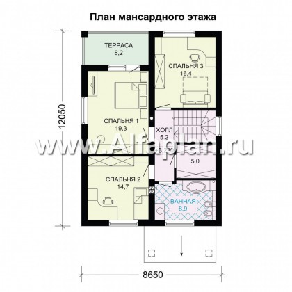 Проект дома с мансардой, планировка с террасой и кабинетом на 1 эт, с гаражом на 1 авто - превью план дома