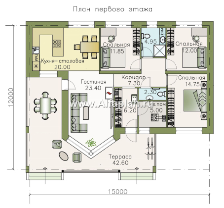 «Яркий мир» - проект одноэтажного дома, с панорамным эркером, с просторной террасой, в современном стиле - превью план дома