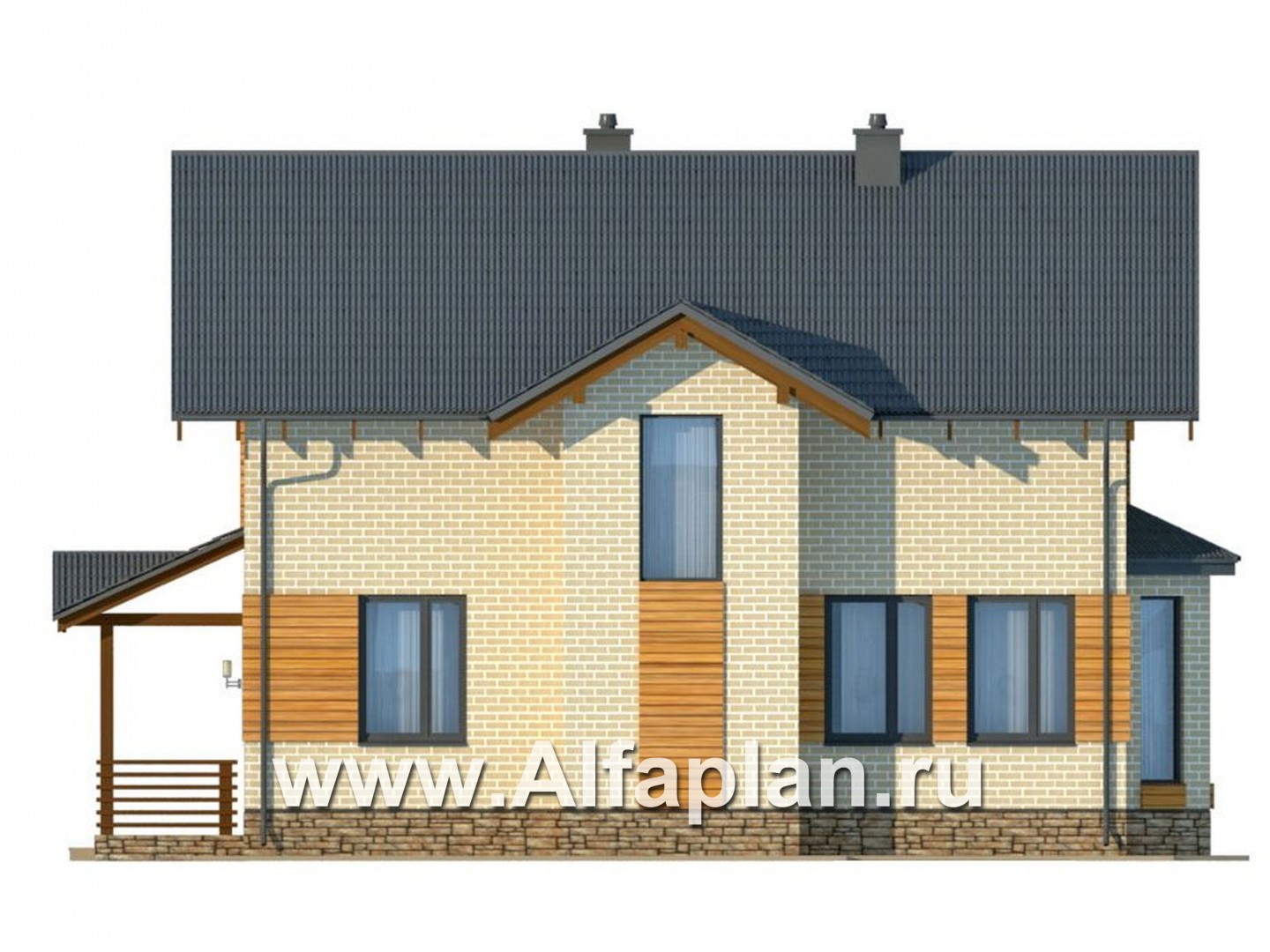 Проект дома из газобетона с мансардой, план с кабинетом на 1 эт, с камином и с эркером, в стиле шале - фасад дома