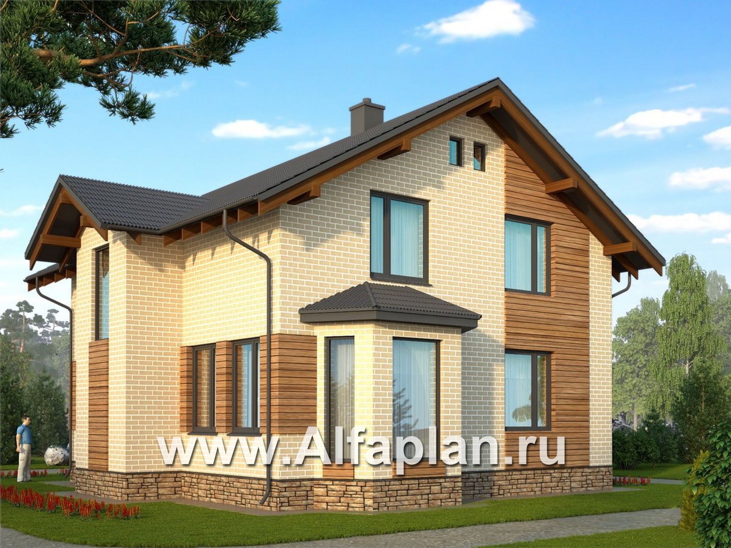 Проект дома из газобетона с мансардой, план с кабинетом на 1 эт, с камином и с эркером, в стиле шале - дизайн дома №1