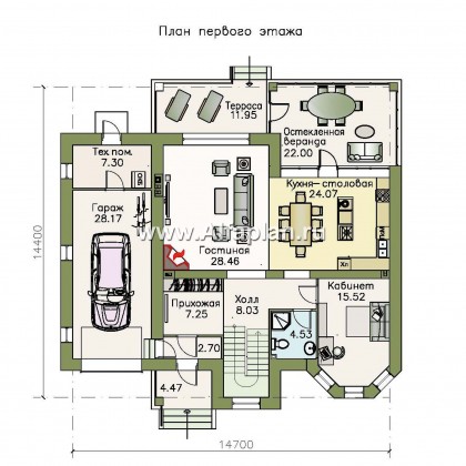 Проекты домов Альфаплан - «Амадей» - изысканный комфортный коттедж с гаражом - превью плана проекта №1