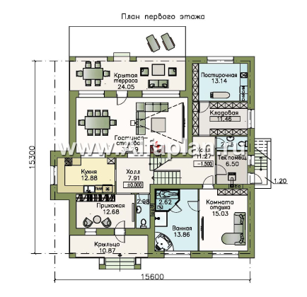 Проекты домов Альфаплан - «Суверен» - полутораэтажный коттедж с небольшим цоколем и мансардой - превью плана проекта №1