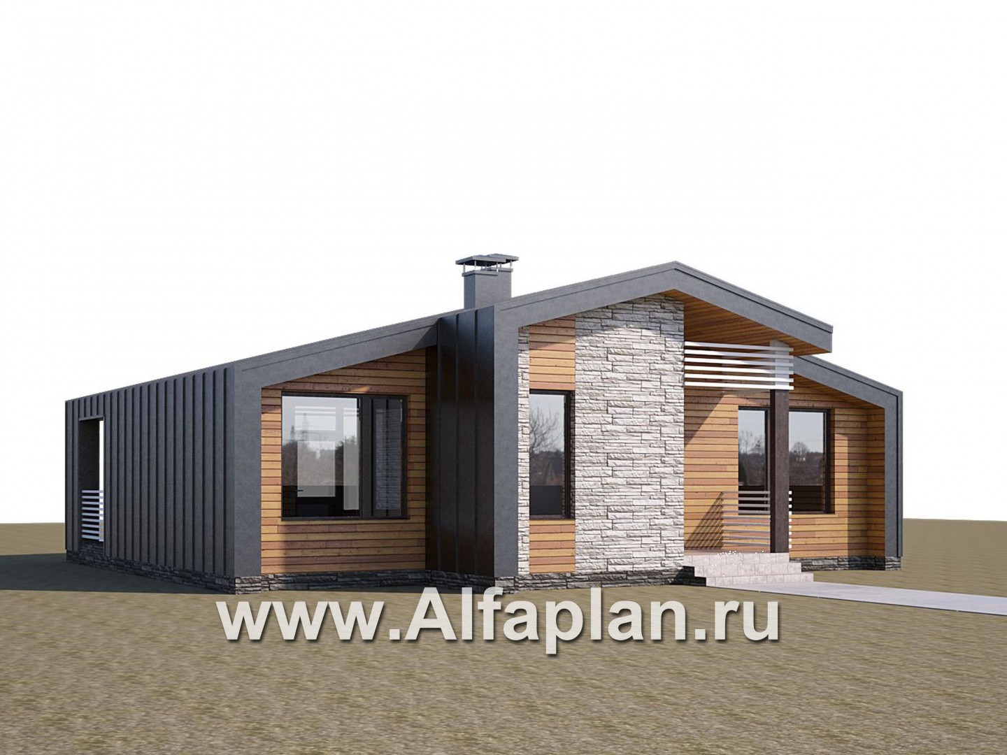 «Альфа» - проект одноэтажного каркасного дома, с сауной и с террасой, в стиле барнхаус - дизайн дома №1