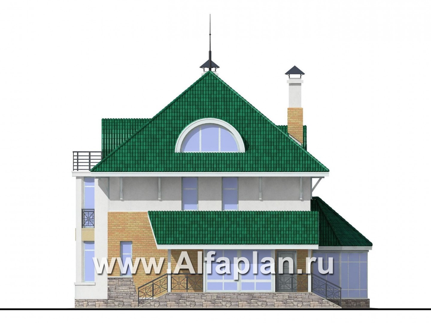 «Петит» - проект двухэтажного дома с мансардой, планировка с полукруглым эркером и с террасой, с пирамидальной кровлей - фасад дома
