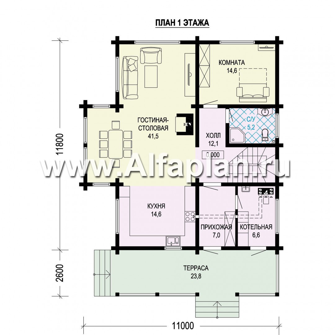 Проекты домов Альфаплан - Дом из бруса с двусветным пространством - план проекта №1