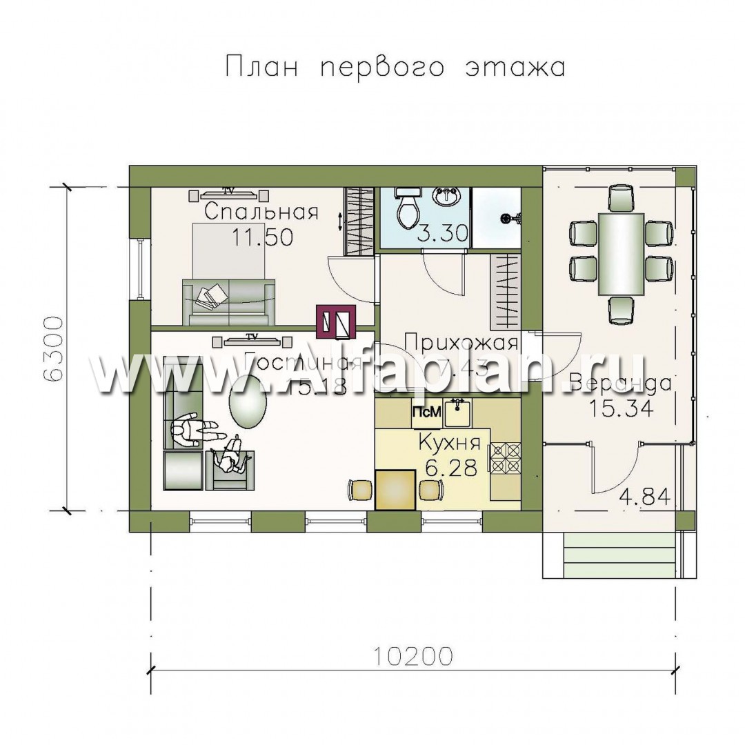 Проект гостевого дома, из кирпича, одна спальня, в русском стиле - план дома