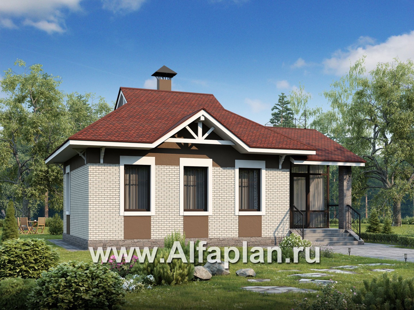 Проект гостевого дома, из кирпича, одна спальня, в русском стиле - основное изображение