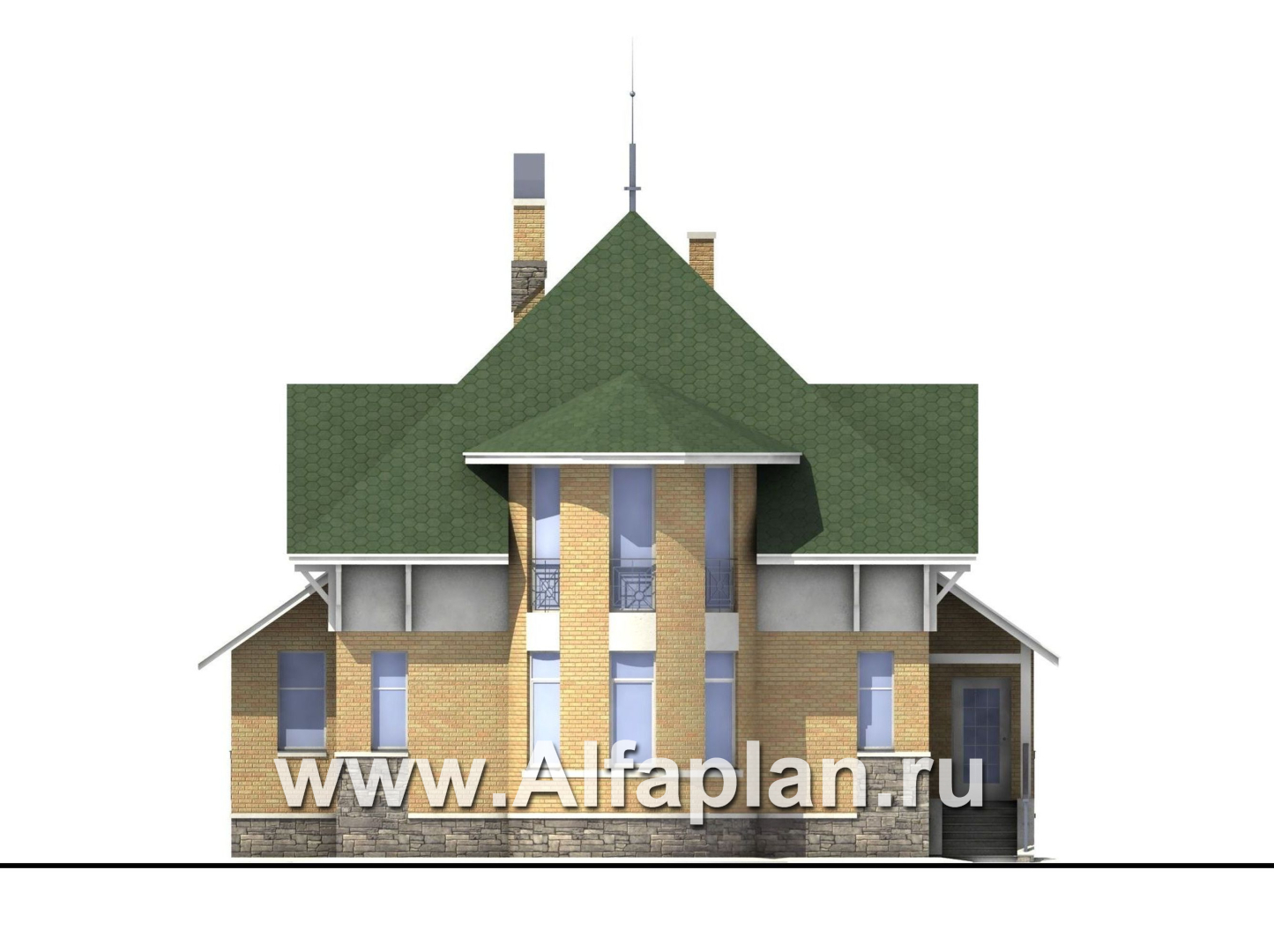 «Петит» - проект дома с мансардой, планировка с полукруглым эркером и с террасой, с пирамидальной кровлей - фасад дома