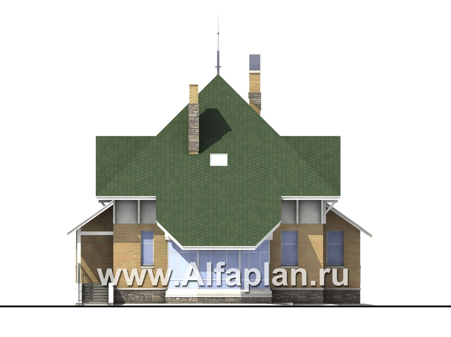 «Петит» - проект дома с мансардой, планировка с полукруглым эркером и с террасой, с пирамидальной кровлей - фасад дома