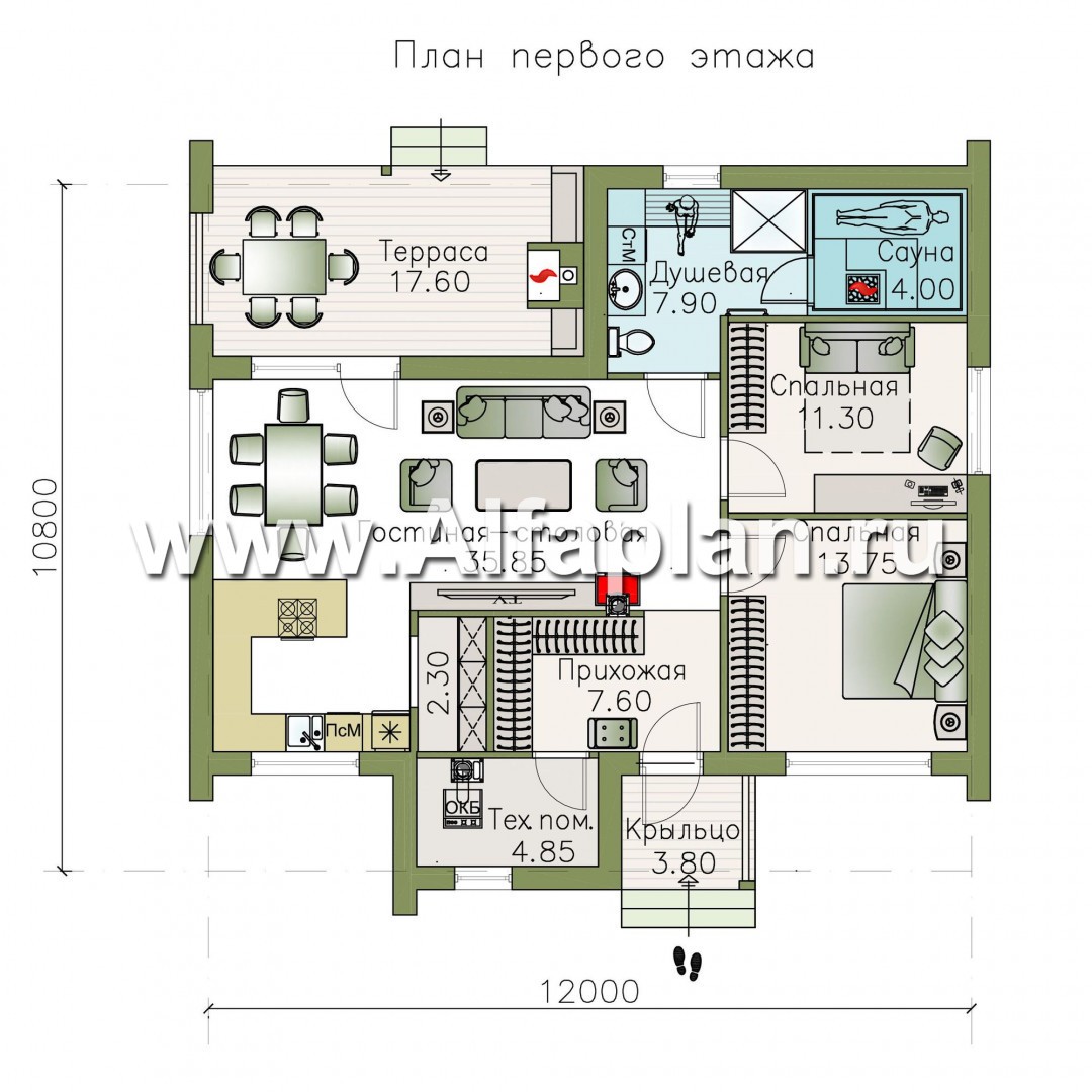 «Альфа» - проект одноэтажного каркасного дома, с сауной и с террасой - план дома