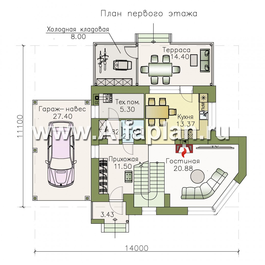 Проекты домов Альфаплан - «Сердцеед» - оригинальный и компактный коттедж с гаражом-навесом - изображение плана проекта №1