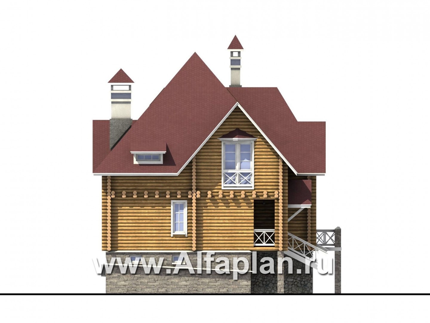 «Транк Хаус» - проект деревянного дома, из бревен, с террасой, и цокольным этажом из кирпичей - фасад дома