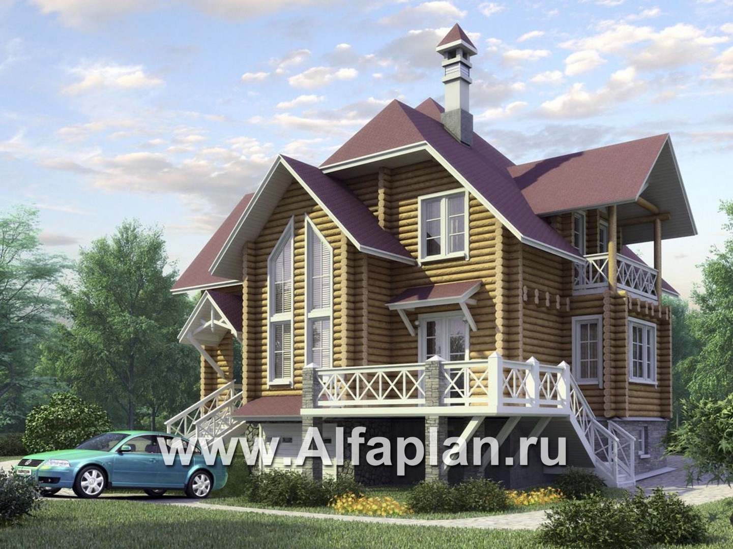 «Транк Хаус» - проект деревянного дома, из бревен, с террасой, и цокольным этажом из кирпичей - основное изображение