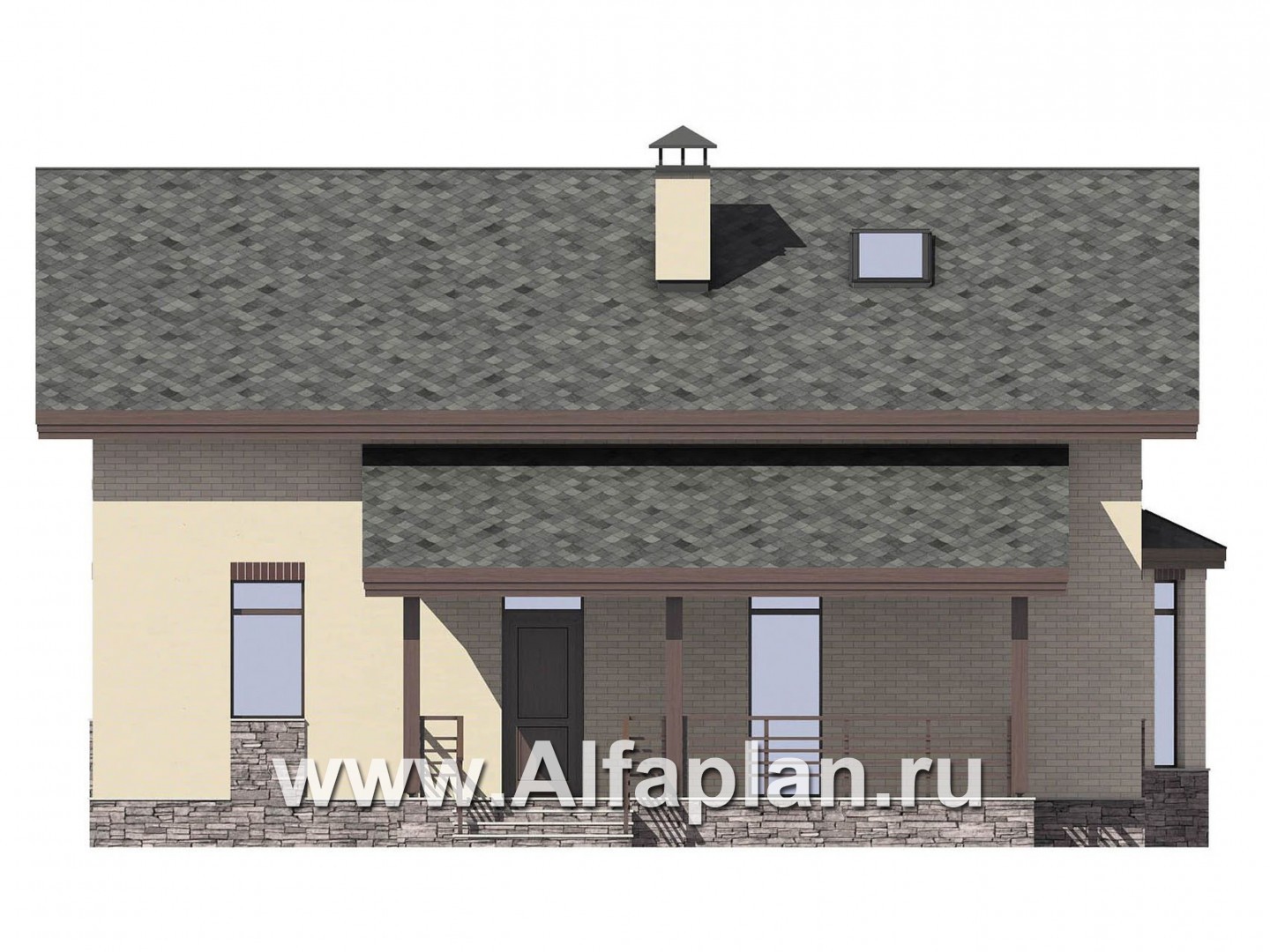 Проект дома с мансардой, планировка две спальни на 1 эт, с террасой и с эркером - фасад дома