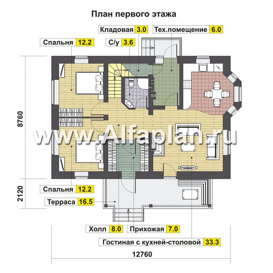 Проект дома с мансардой, планировка две спальни на 1 эт, с террасой и с эркером - план дома