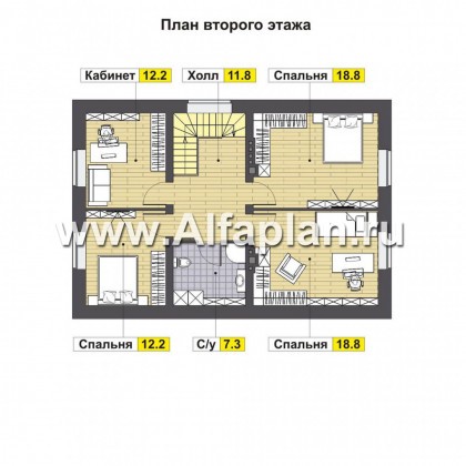 Проект дома с мансардой, планировка две спальни на 1 эт, с террасой и с эркером - превью план дома