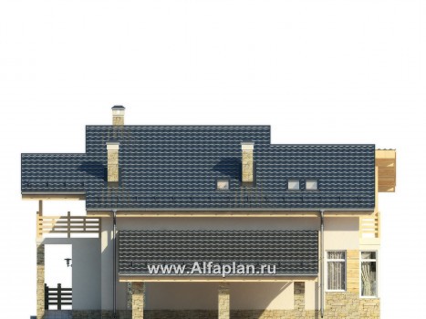 Проекты домов Альфаплан - Современный коттедж с террасами и навесом для авто - превью фасада №2