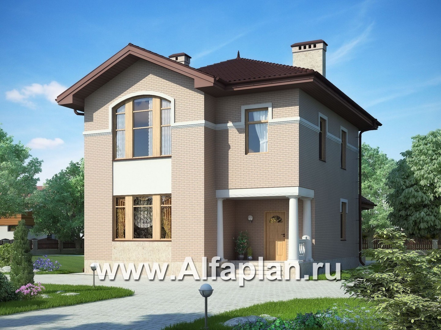 Проекты домов Альфаплан - Классический двухэтажный коттедж с большой террасой - основное изображение