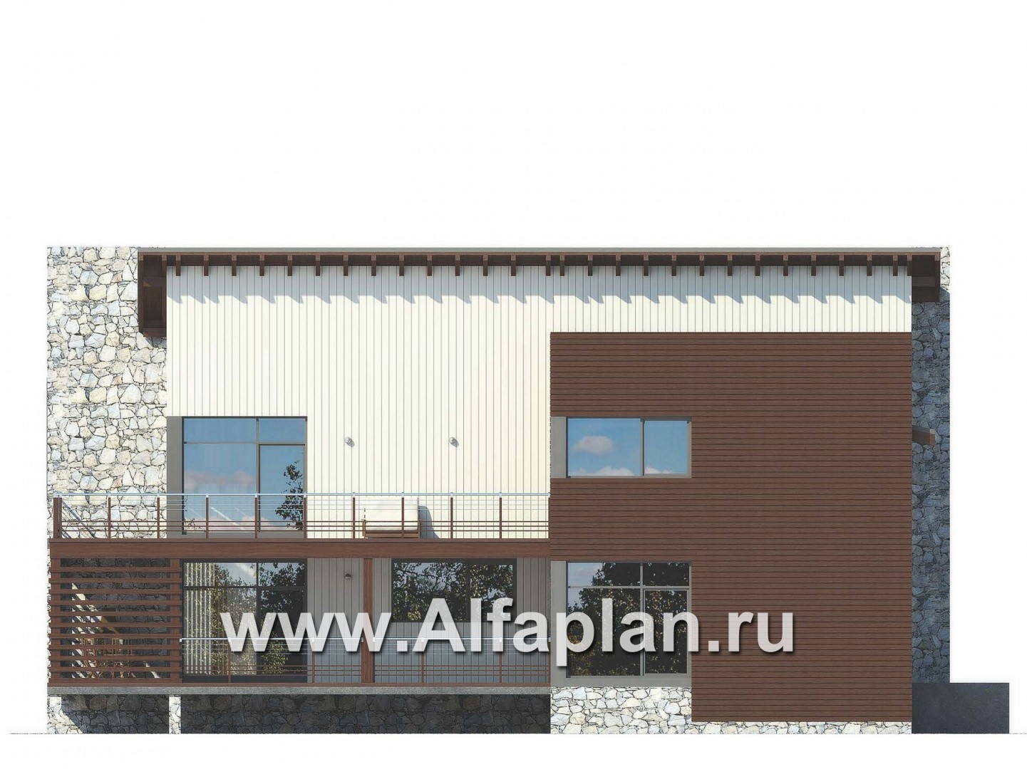 Проект дома с мансардой, план с камином, 2 спальни и сауна на 1 эт, с террасой и с балконом, в стиле хай-тек - фасад дома