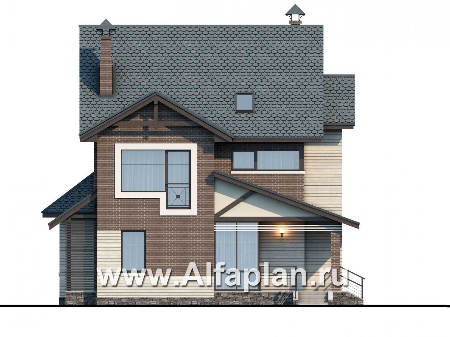Проекты домов Альфаплан - «Прагматика» -  проект двухэтажного дома с мансардой из газобетона,  с террасой и бильярдной, в современном стиле - изображение фасада №1