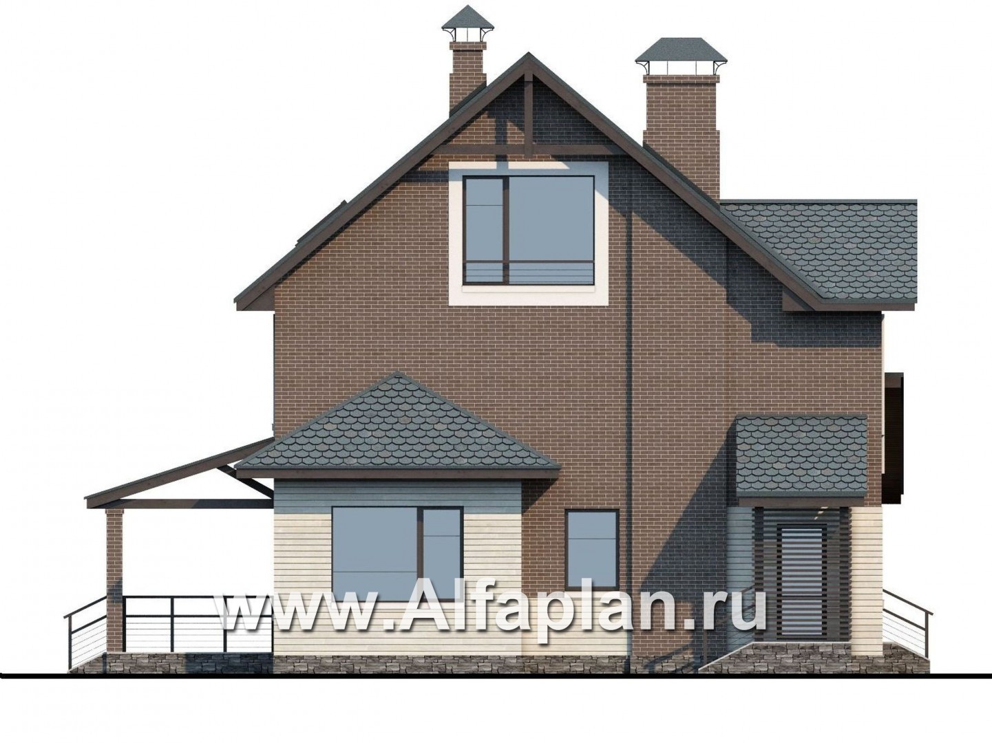 Проекты домов Альфаплан - «Прагматика» -  проект двухэтажного дома с мансардой из газобетона,  с террасой и бильярдной, в современном стиле - изображение фасада №3