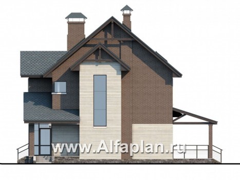 Проекты домов Альфаплан - «Прагматика» -  проект двухэтажного дома с мансардой из газобетона,  с террасой и бильярдной, в современном стиле - превью фасада №2