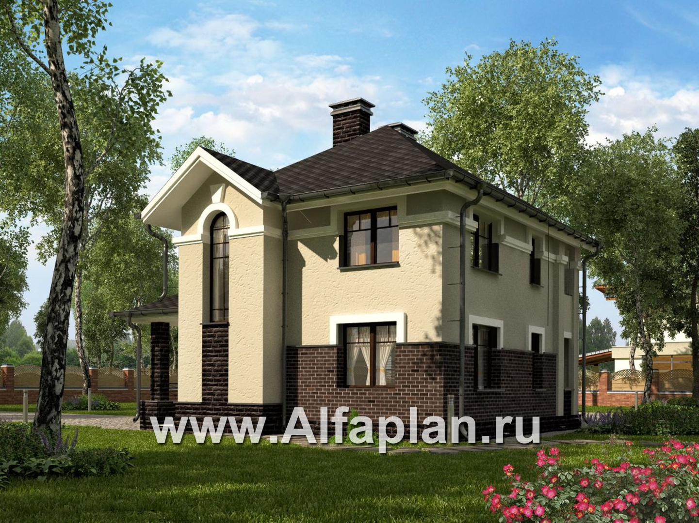 Проект двухэтажного дома, планировка с гостевой на 1 эт и 3 спальни, с террасой - дизайн дома №1