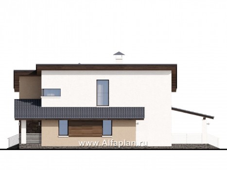 «Западный бриз» - проект двухэтажного дома, планировка с кабинетом на 1 эт, с террасой и сауной, с односкатной крышей в стиле хай-тек - превью фасада дома