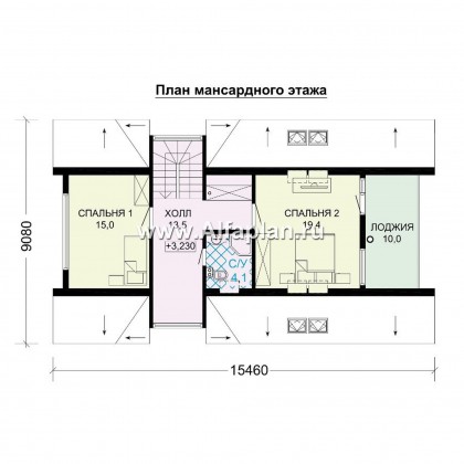 Проект дома с мансардой, каркасный коттедж, с террасой и с балконом, 3 спальни, дача для отдыха - превью план дома