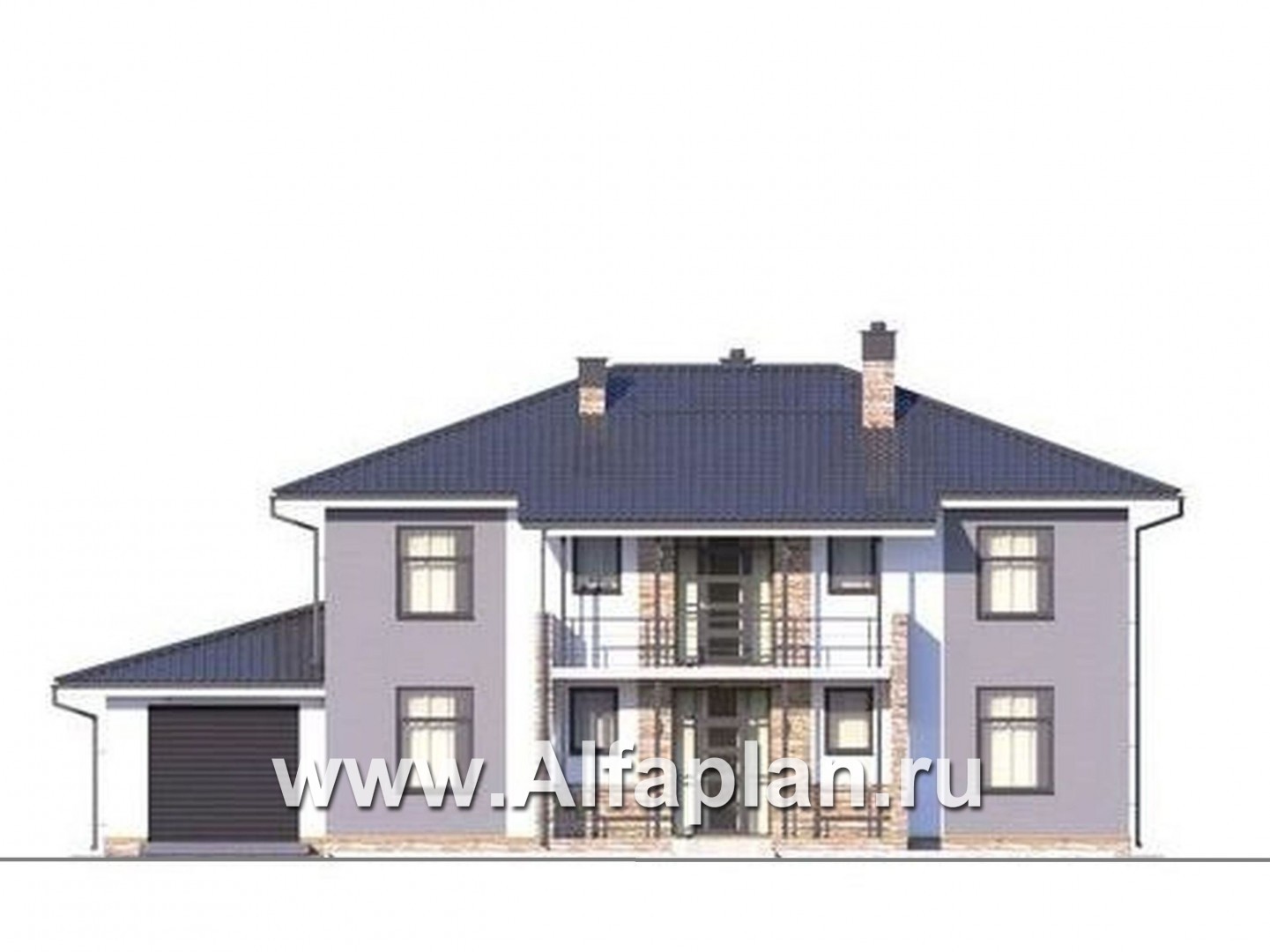 Проекты домов Альфаплан - Проект двухэтажного дома, две спальни на 1-ом этаже, с гаражом - изображение фасада №1