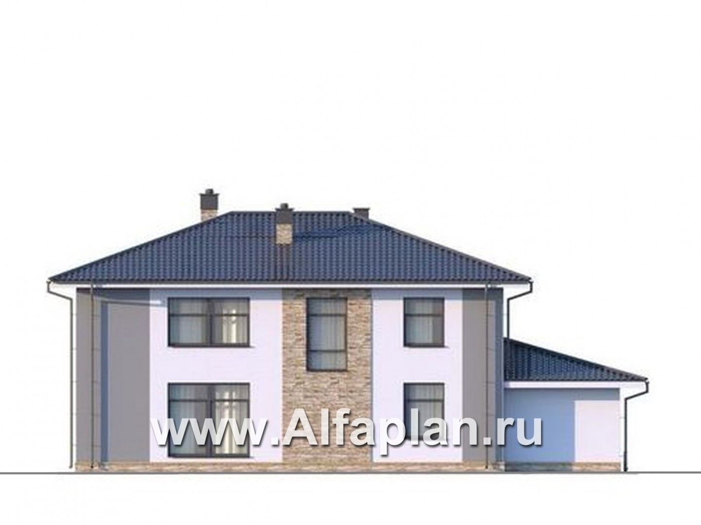 Проекты домов Альфаплан - Проект двухэтажного дома, две спальни на 1-ом этаже, с гаражом - изображение фасада №2