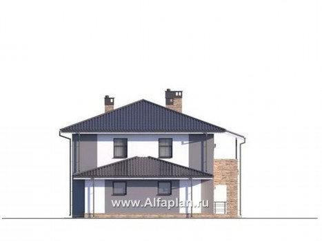 Проекты домов Альфаплан - Проект двухэтажного дома, две спальни на 1-ом этаже, с гаражом - превью фасада №3