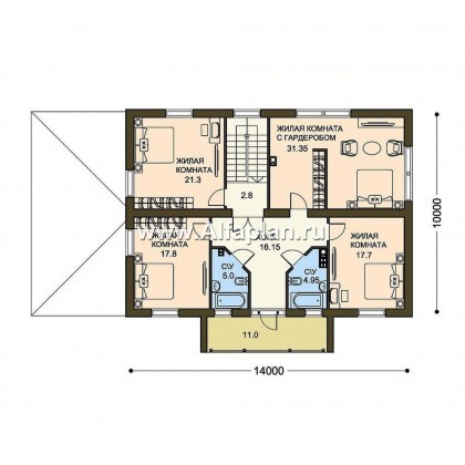 Проекты домов Альфаплан - Проект двухэтажного дома, две спальни на 1-ом этаже, с гаражом - превью плана проекта №2