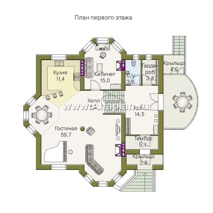 «Верона» - проект трехэтажного дома, с эркером и с верандой, с гаражом - превью план дома