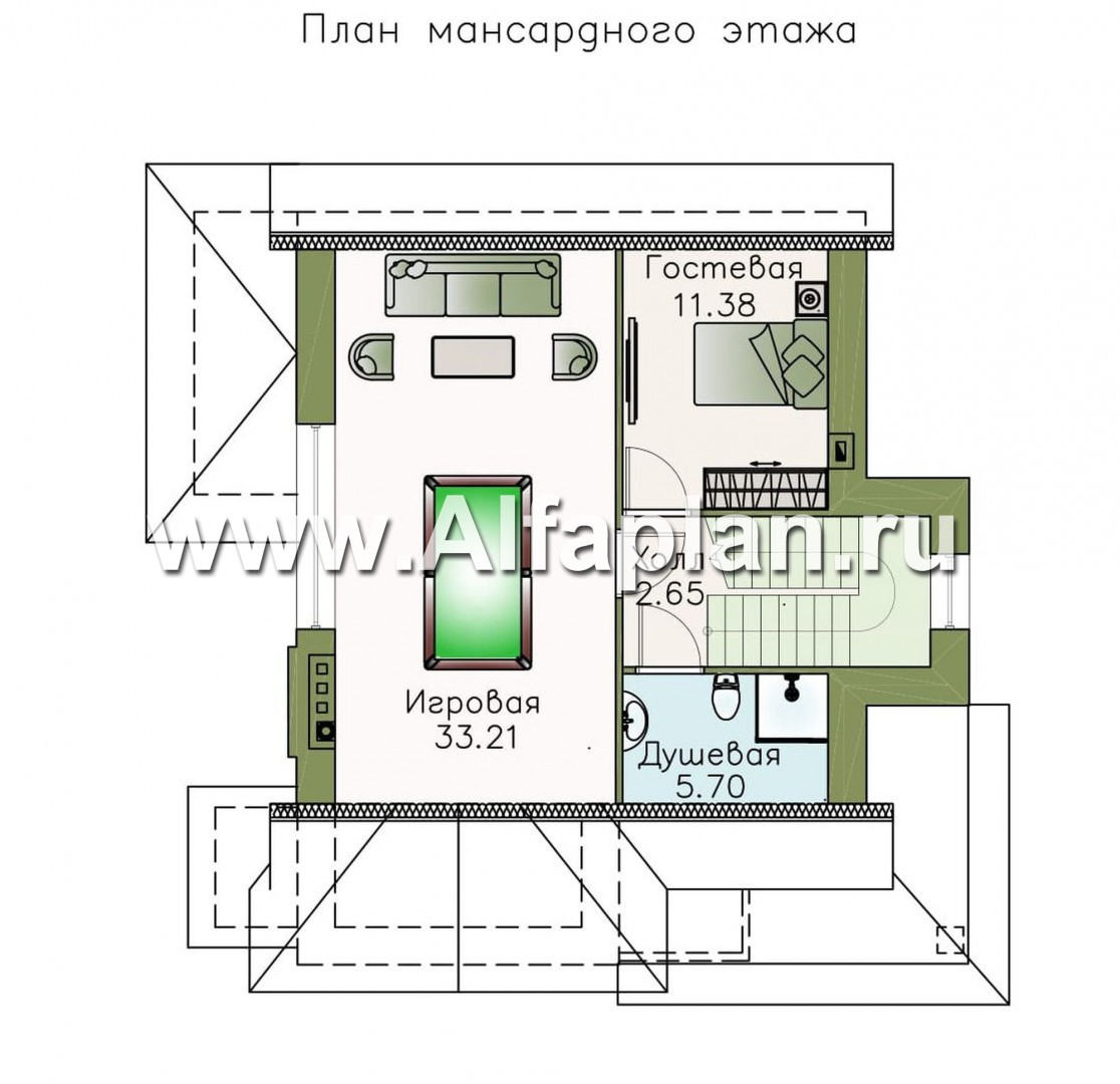 «Прагматика» -  проект двухэтажного дома с мансардой из блоков, с террасой и бильярдной, в современном стиле - план дома