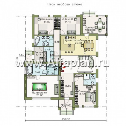 Проекты домов Альфаплан - «Днестр» - одноэтажный коттедж с бильярдной и сауной - превью плана проекта №1