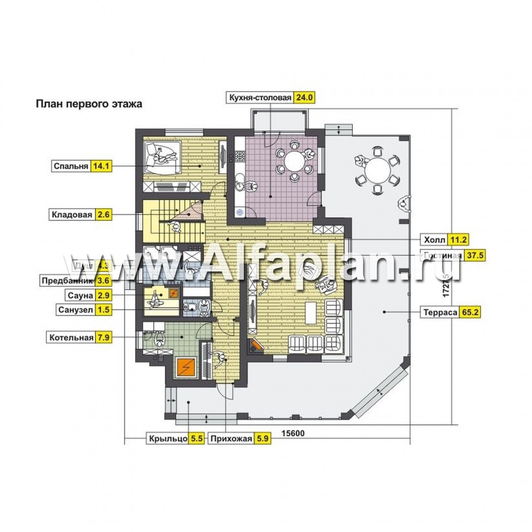 Проекты домов Альфаплан - Современный коттедж с большой угловой террасой - изображение плана проекта №1
