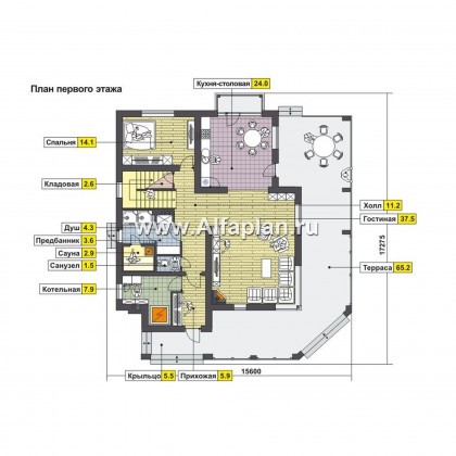 Проекты домов Альфаплан - Современный коттедж с большой угловой террасой - превью плана проекта №1