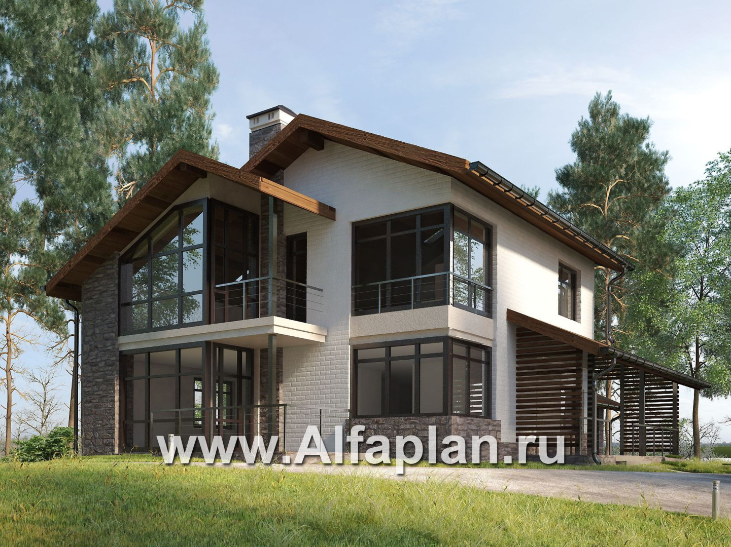 Проекты домов Альфаплан - Двухэтажный коттедж с угловым остеклением - основное изображение