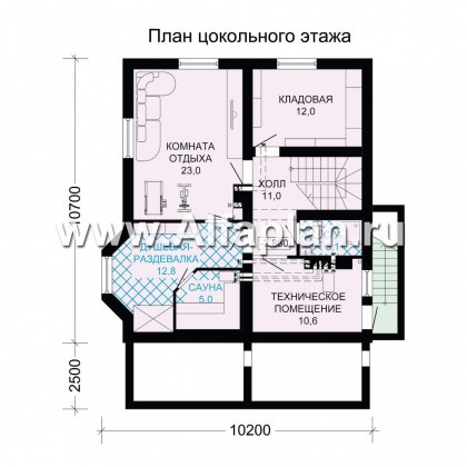 Проект двухэтажного дома из бруса, планировка с кабинетом и с эркером, терраса со стороны входа, с сауной в цокольном этаже - превью план дома