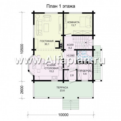 Проект двухэтажного дома из бруса, планировка с кабинетом и с эркером, терраса со стороны входа, с сауной в цокольном этаже - превью план дома