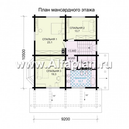 Проект двухэтажного дома из бруса, планировка с кабинетом и с эркером, терраса со стороны входа, с сауной в цокольном этаже - превью план дома