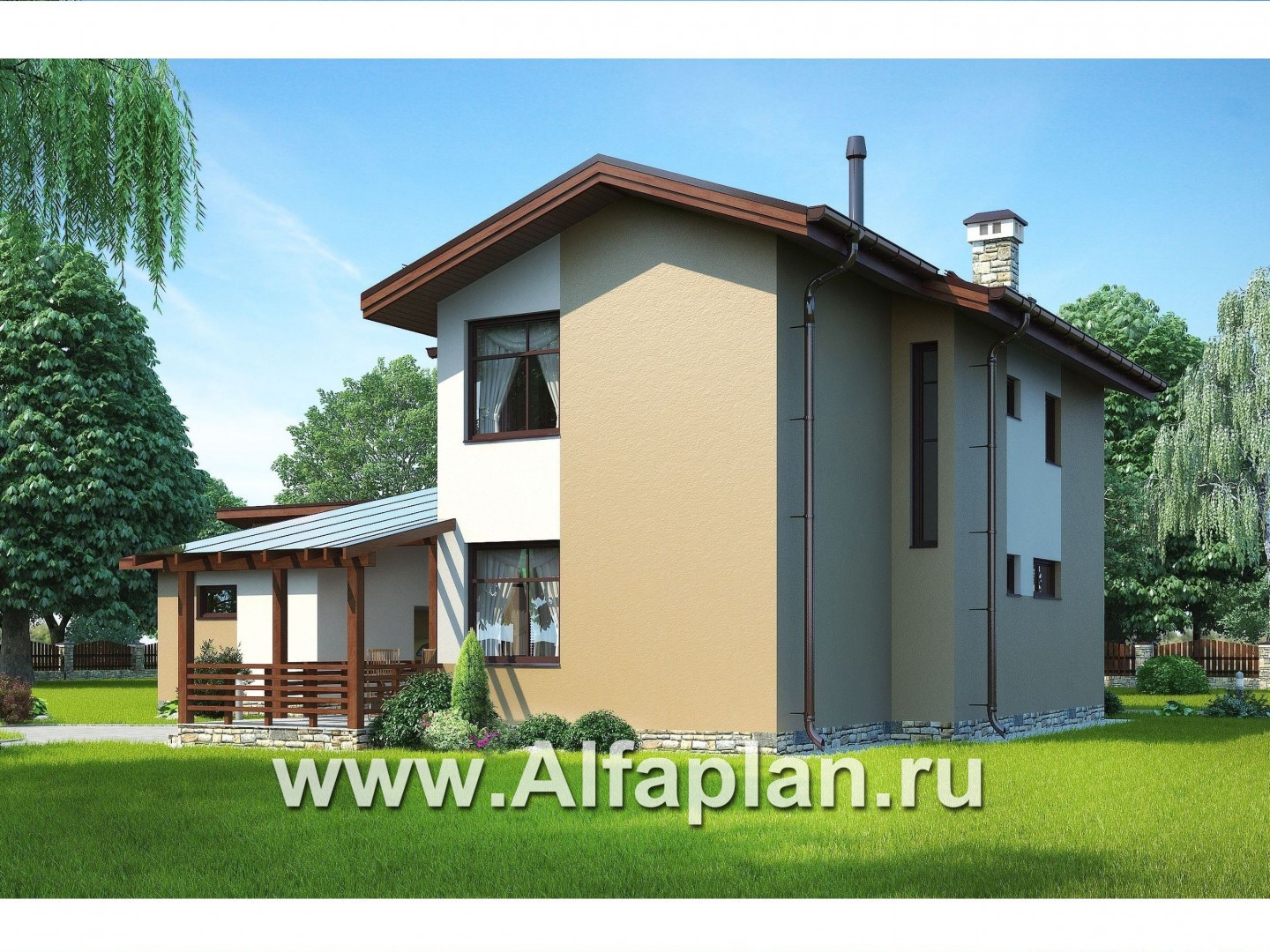 Проект каркасного двухэтажного дома, с террасой, планировка 4 спальни, с навесом на 2 авто - дизайн дома №2