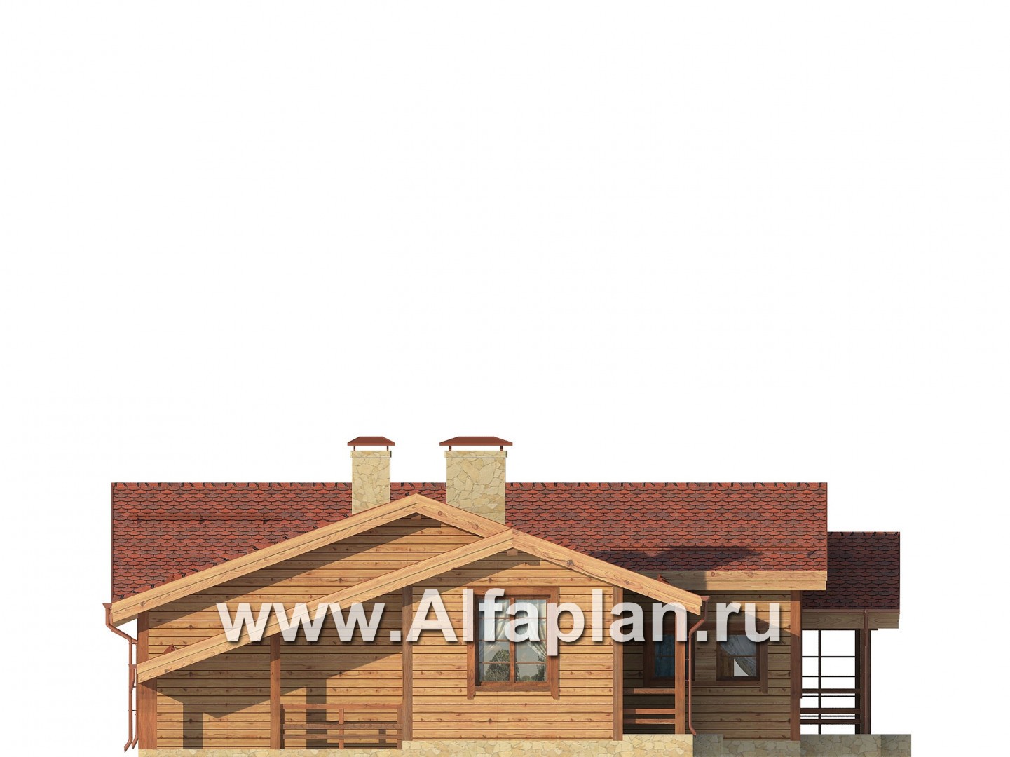 Проект одноэтажного дома из бруса, с террасой и дровником, 3 спальни и кабинет - фасад дома